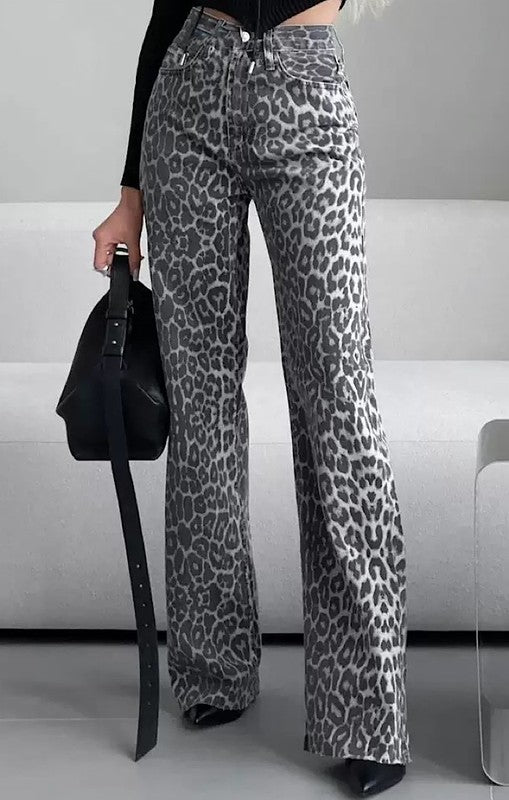 Grey Leopard Print High Waist Pants with a wide-leg silhouette and bold leopard pattern.