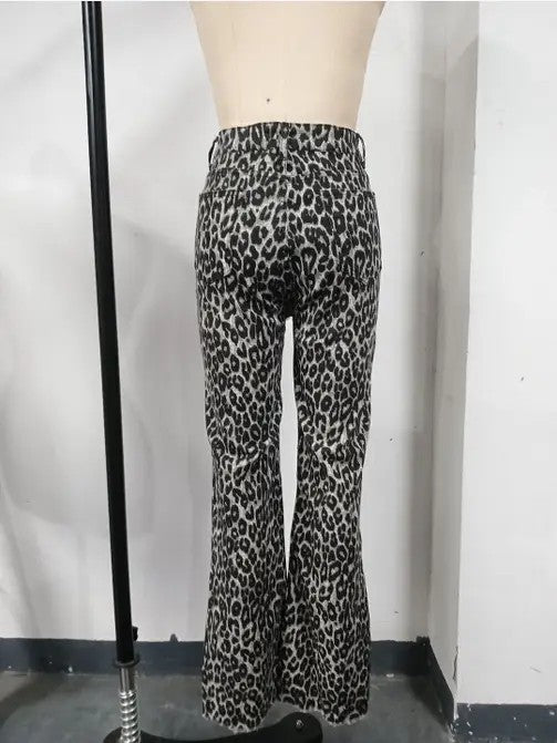 Grey Leopard Print High Waist Pants with leopard pattern, back view.