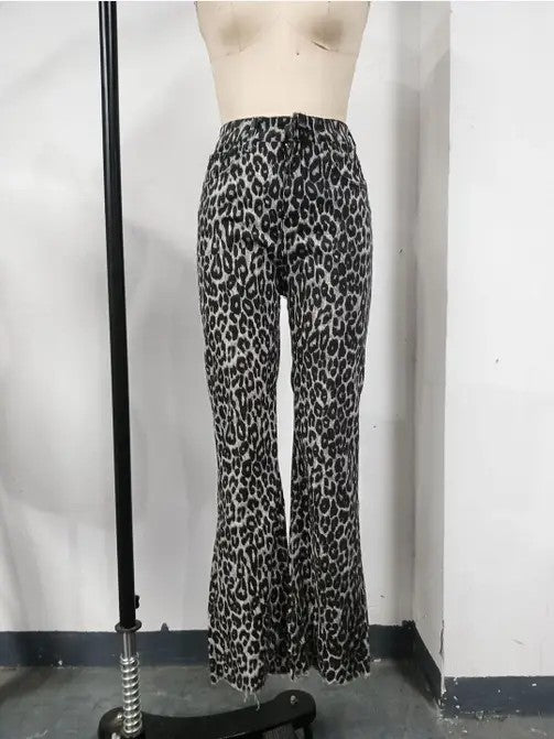 Grey Leopard Print High Waist Pants with leopard pattern, flared legs.