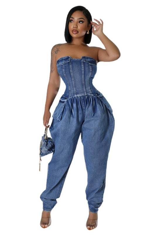 Women fashion denim jumpsuit featuring strapless design, elastic bust, zipper back, side pocket, available in multiple sizes.