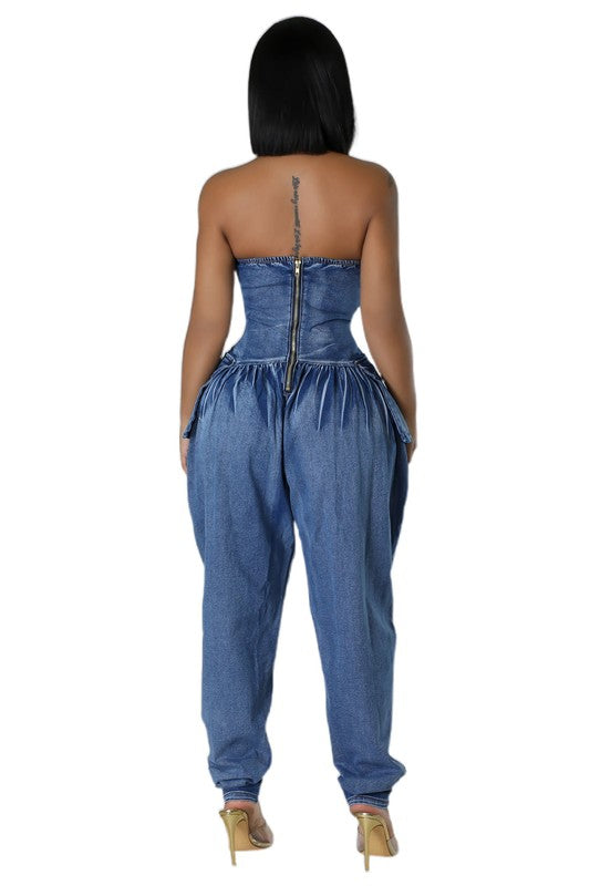 Women fashion denim jumpsuit with strapless design, zipper back, side pockets, perfect for trendy casual looks.