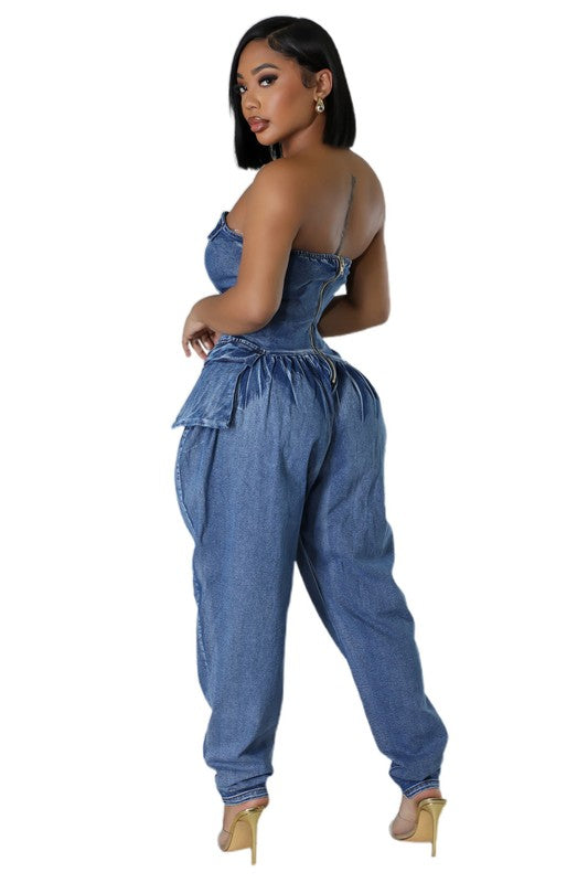 Women fashion denim jumpsuit with strapless design, elastic bust back, zipper, side pocket, perfect for stylish outings.