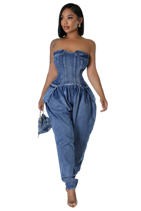 Stylish WOMEN FASHION DENIM JUMPSUIT with strapless design, elastic back, zipper, side pockets, perfect for trendy occasions.