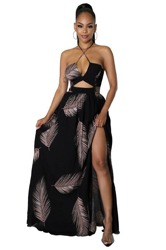 Elegant Halter Neck Maxi Dress with deep neckline and open back, perfect for summer outings and chic events.