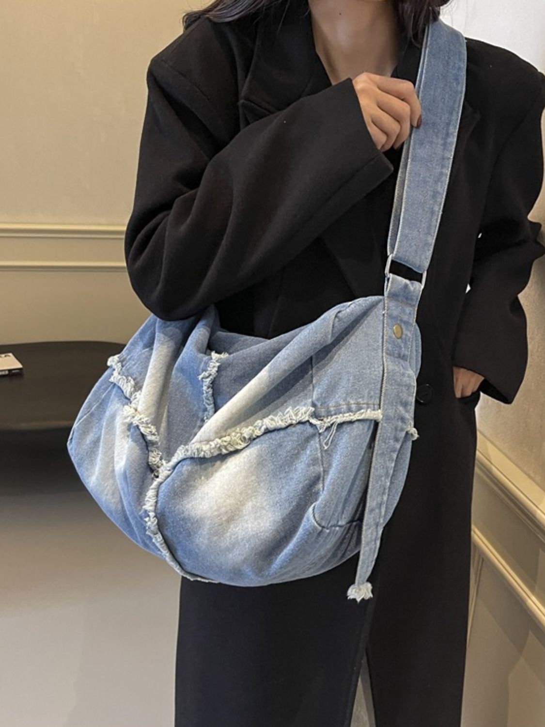 Denim Gradient Crossbody Bag with Raw Hem