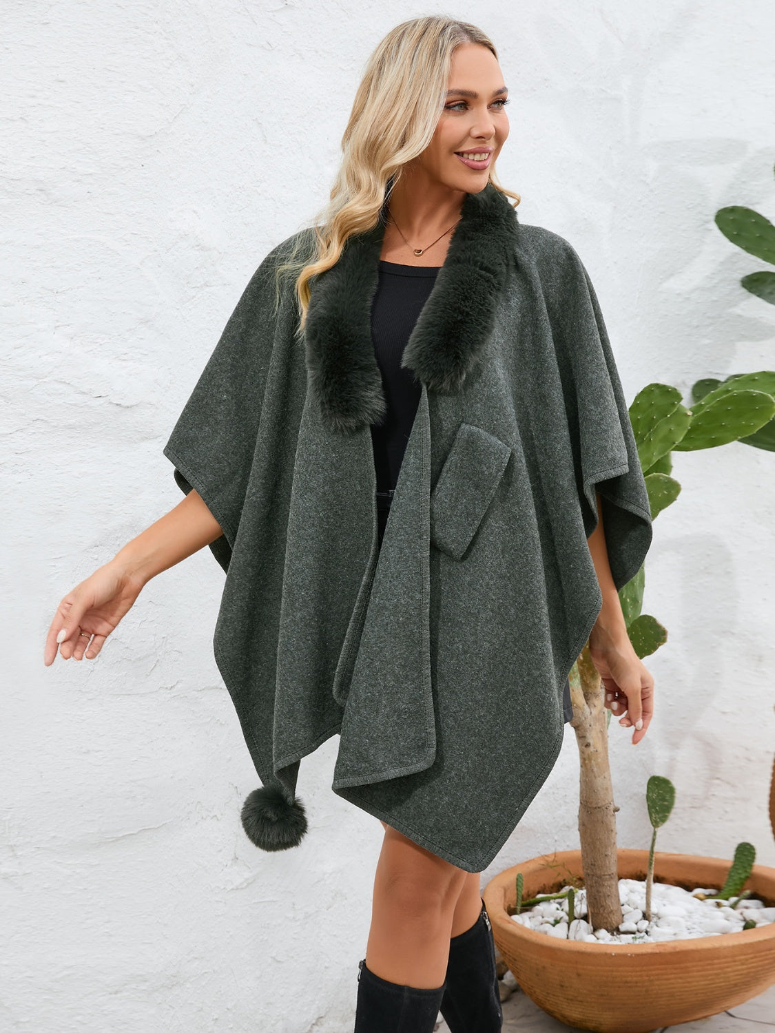 Cozy Fuzzy Trim Open Front Cape