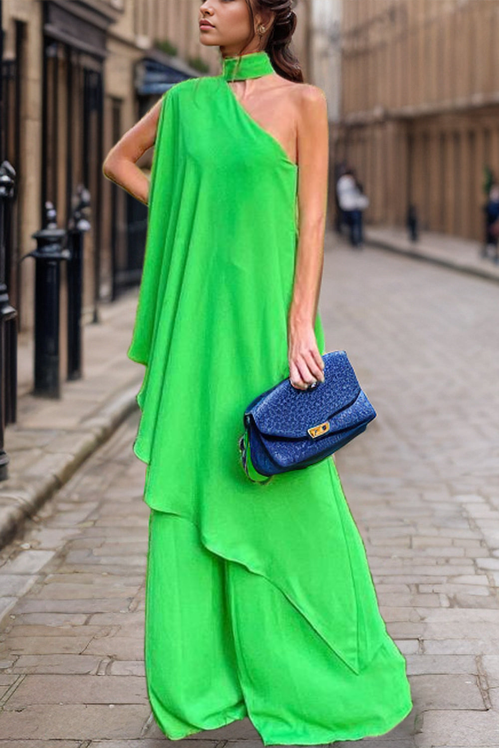 Elegant Single Shoulder Top and Pants Set with Mock Neck