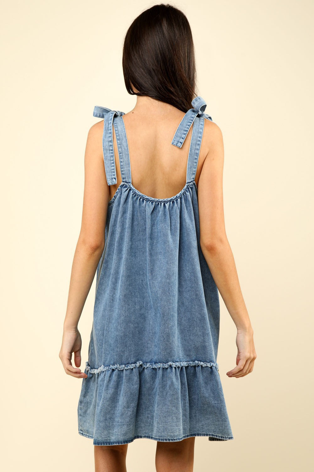 Denim Mini Dress with Shoulder Tie Detail