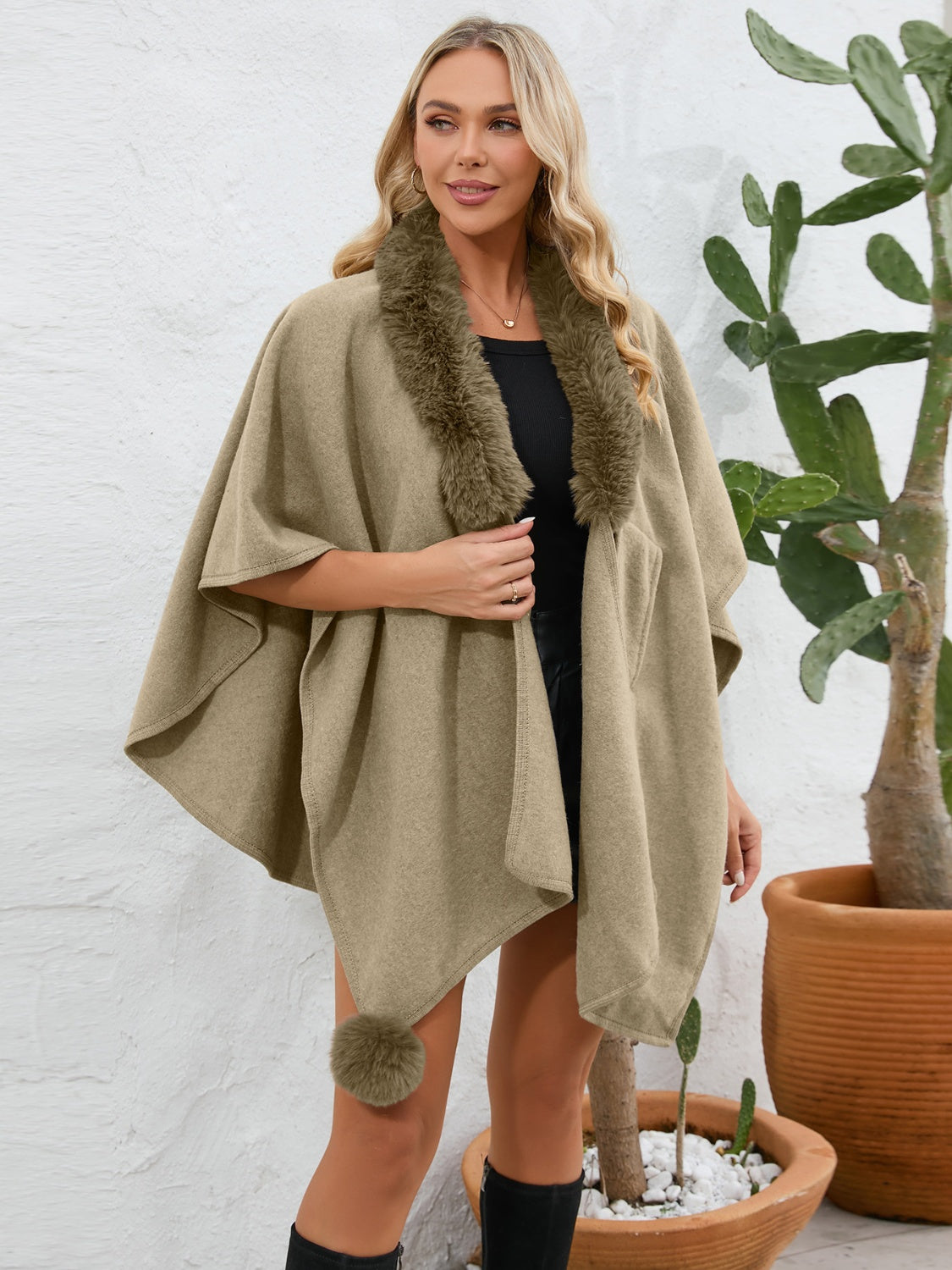 Cozy Fuzzy Trim Open Front Cape