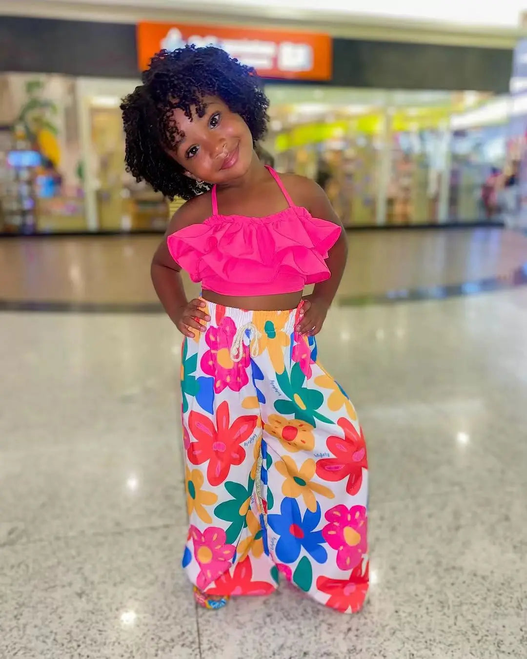 Tropical Print Crop Top and Wide-Leg Pant Set for Kids