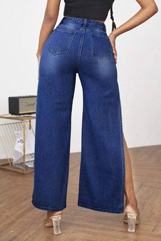 High Rise Distressed Cotton Straight Leg Jeans with Side Splits