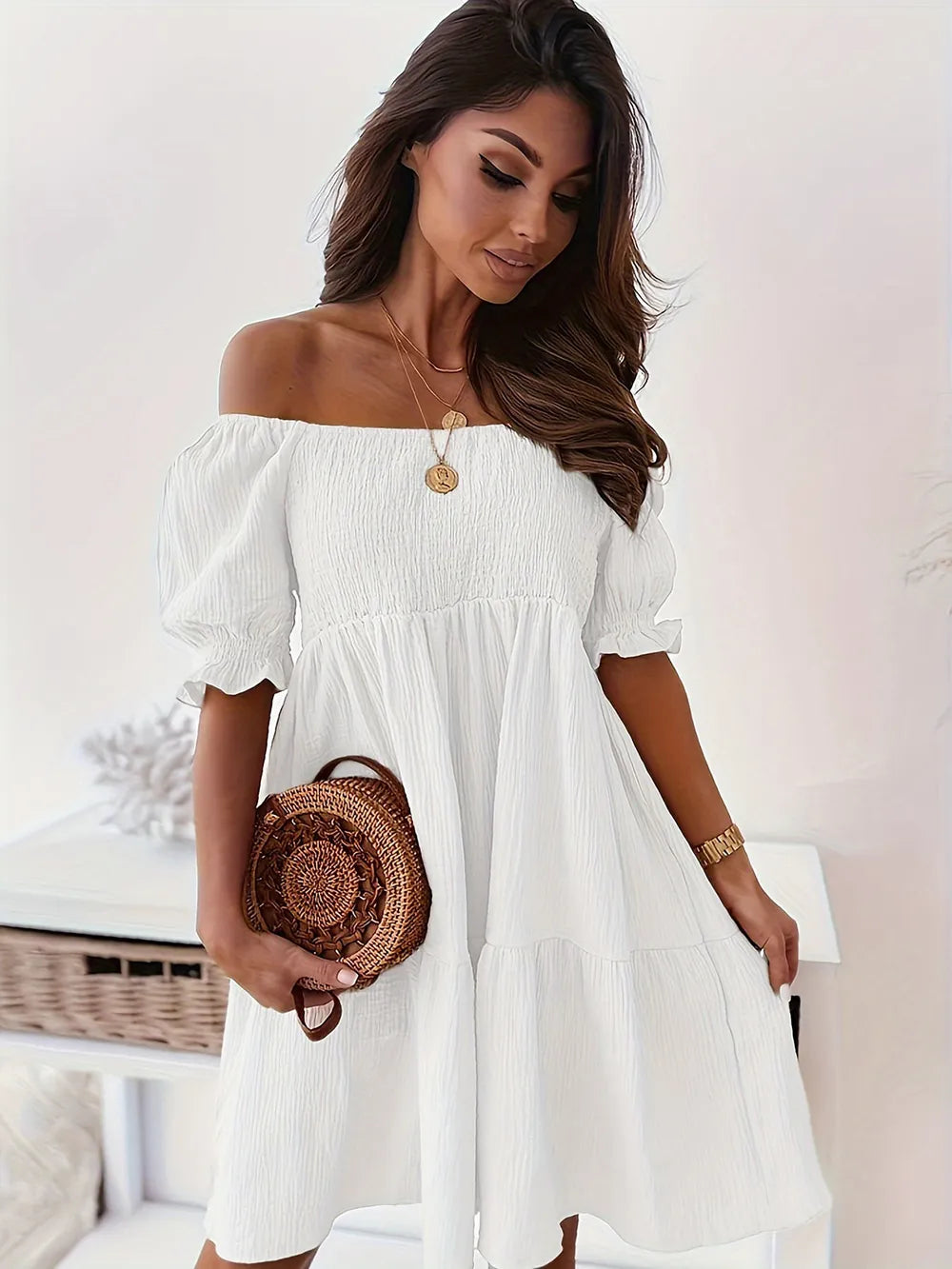 Chic Ruffled Off-Shoulder Short Sleeve Dress with ruched and sheer details, perfect for stylish summer looks.