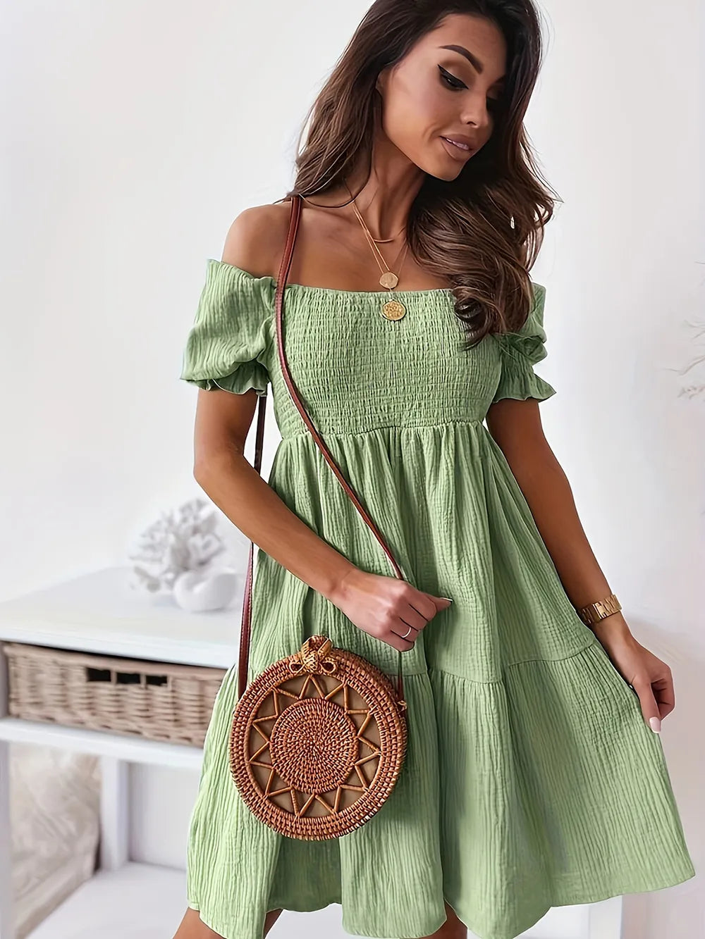Light green Ruffled Off-Shoulder Short Sleeve Dress with ruched, sheer details and stretchy body, ideal for stylish summer wear.
