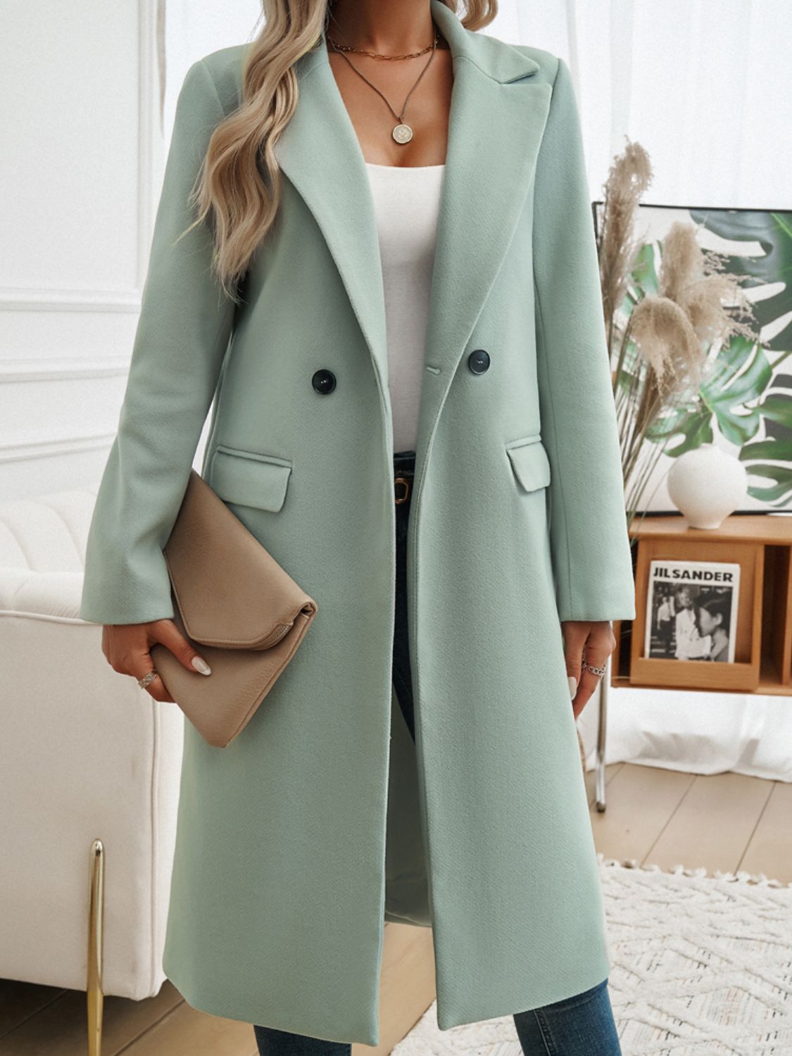 Chic Long Sleeve Collared Coat with Pockets