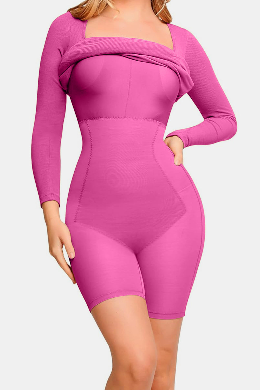 Square Neck Long Sleeve Dress with Integrated Shapewear