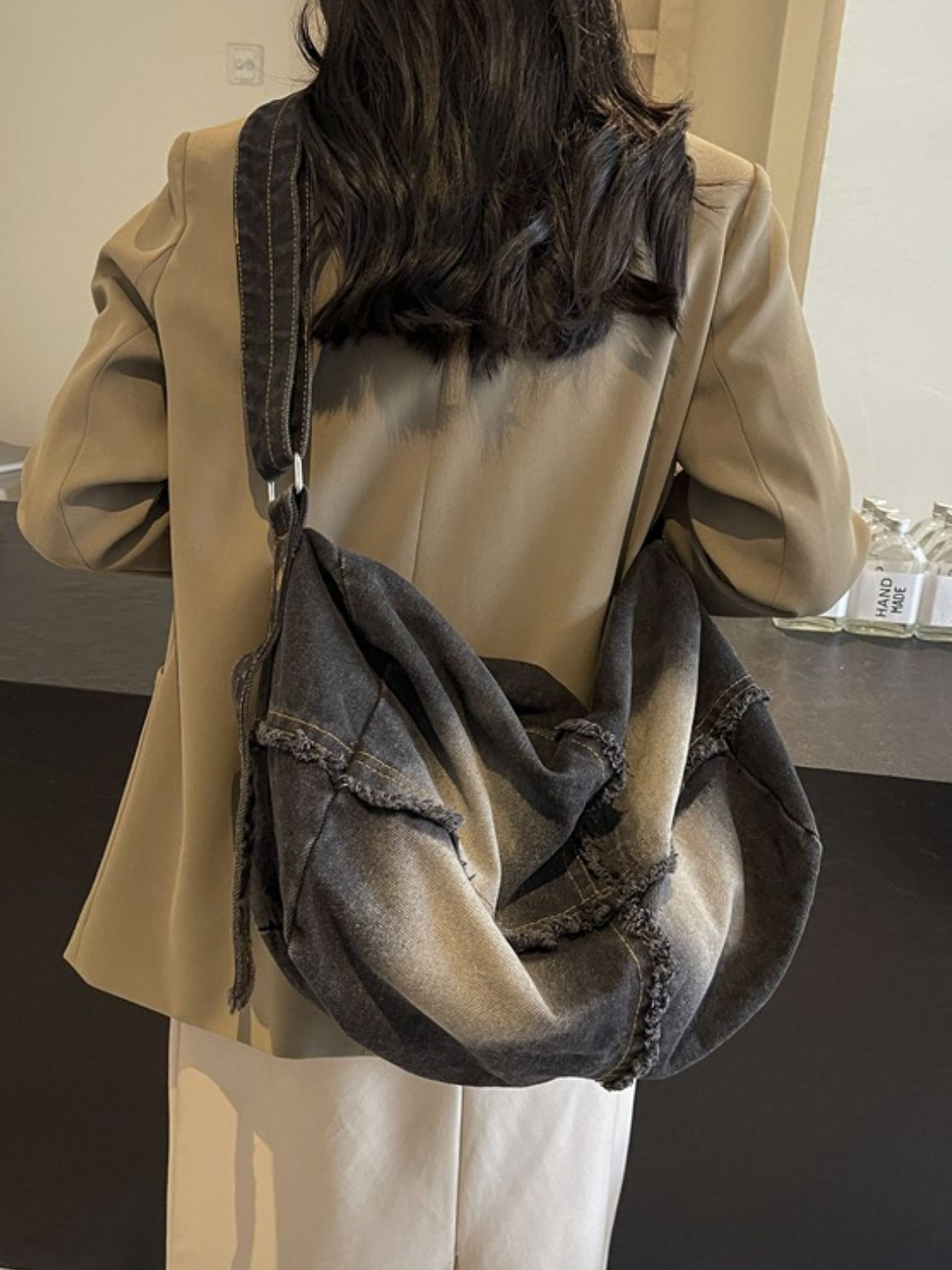 Denim Gradient Crossbody Bag with Raw Hem