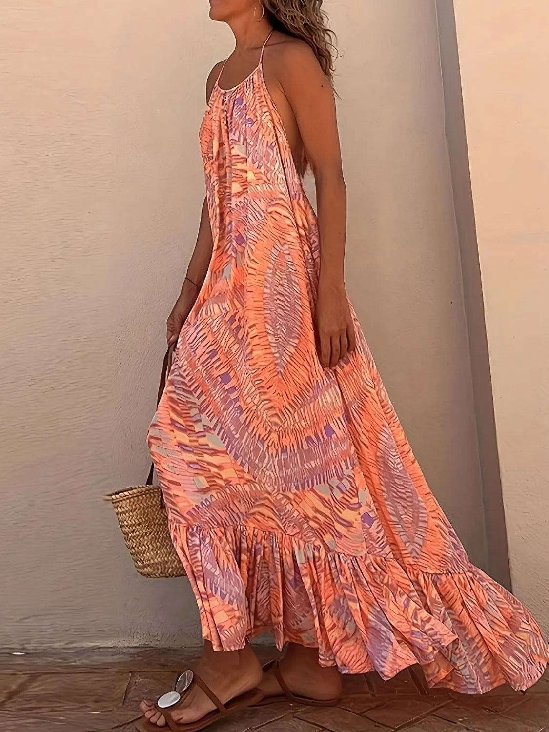 Backless Printed Halter Neck Maxi Cami Dress featuring ruffles, polyester fabric, perfect for summer, available at Fashion Boutique.