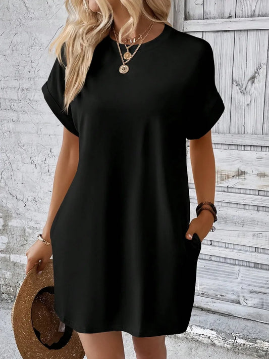 Black Round Neck Short Sleeve Mini Dress from StoreX, made of 95% polyester and 5% spandex, casual and slightly stretchy.