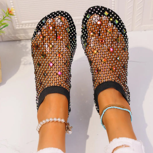 Colorful rhinestone mesh Round Toe Flats Slip-Ons with true-to-size fit and flat heel from Max Origin.