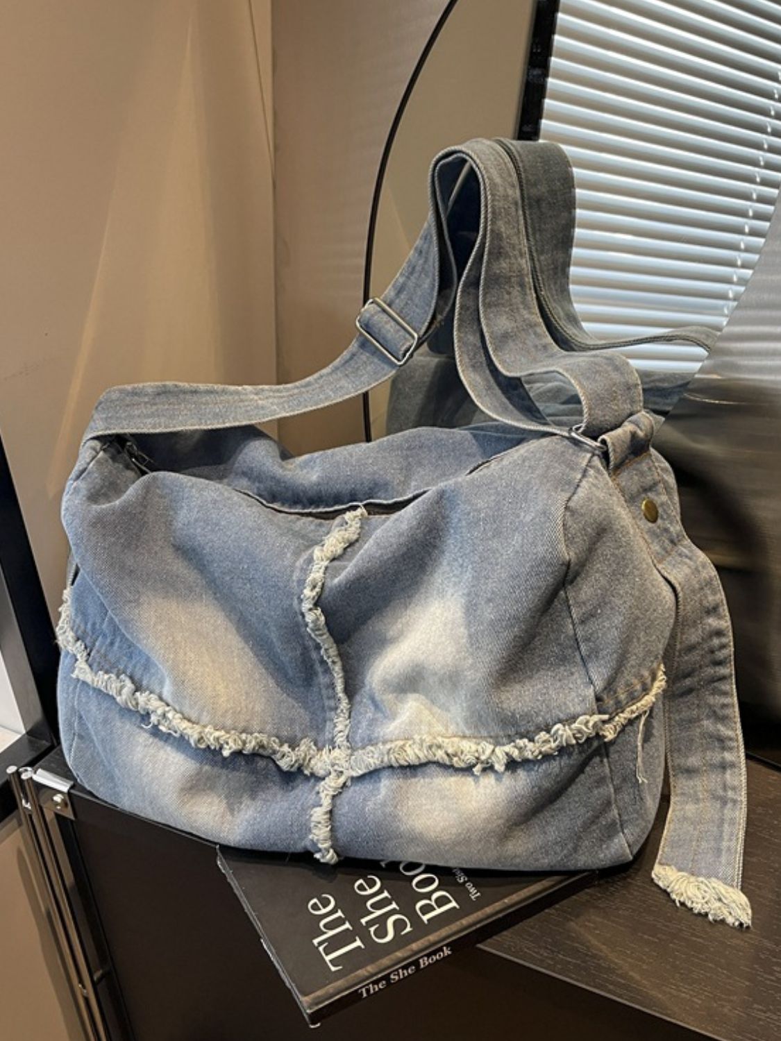 Denim Gradient Crossbody Bag with Raw Hem