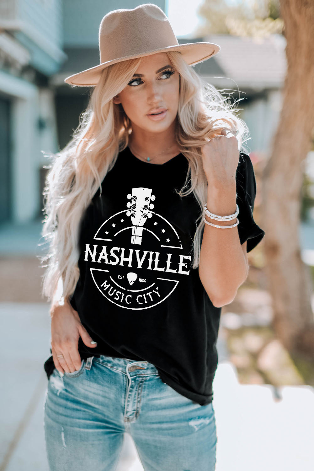 Nashville Music City Graphic Tee Shirt with Cuffed Sleeves