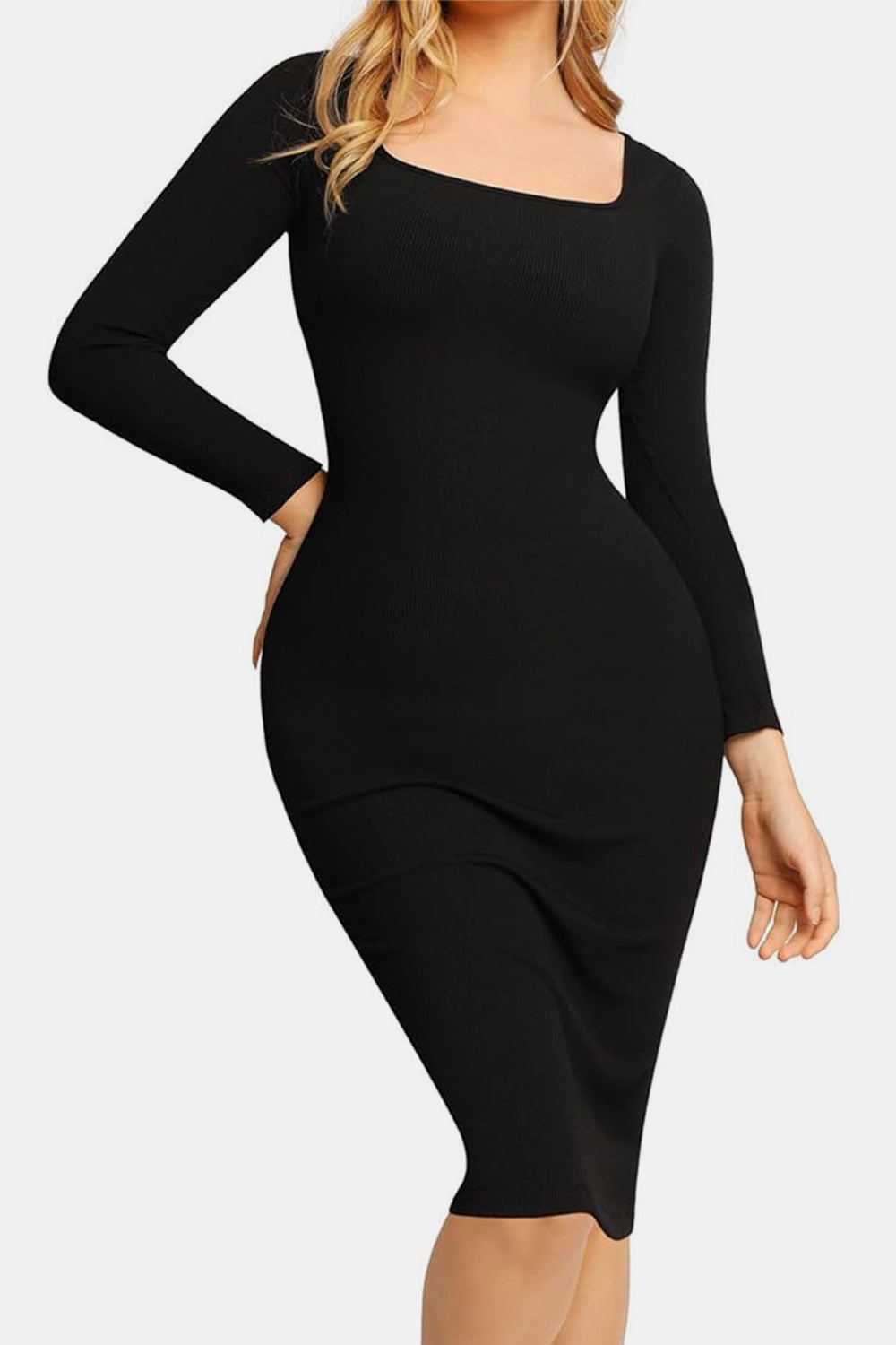 Square Neck Long Sleeve Dress with Integrated Shapewear