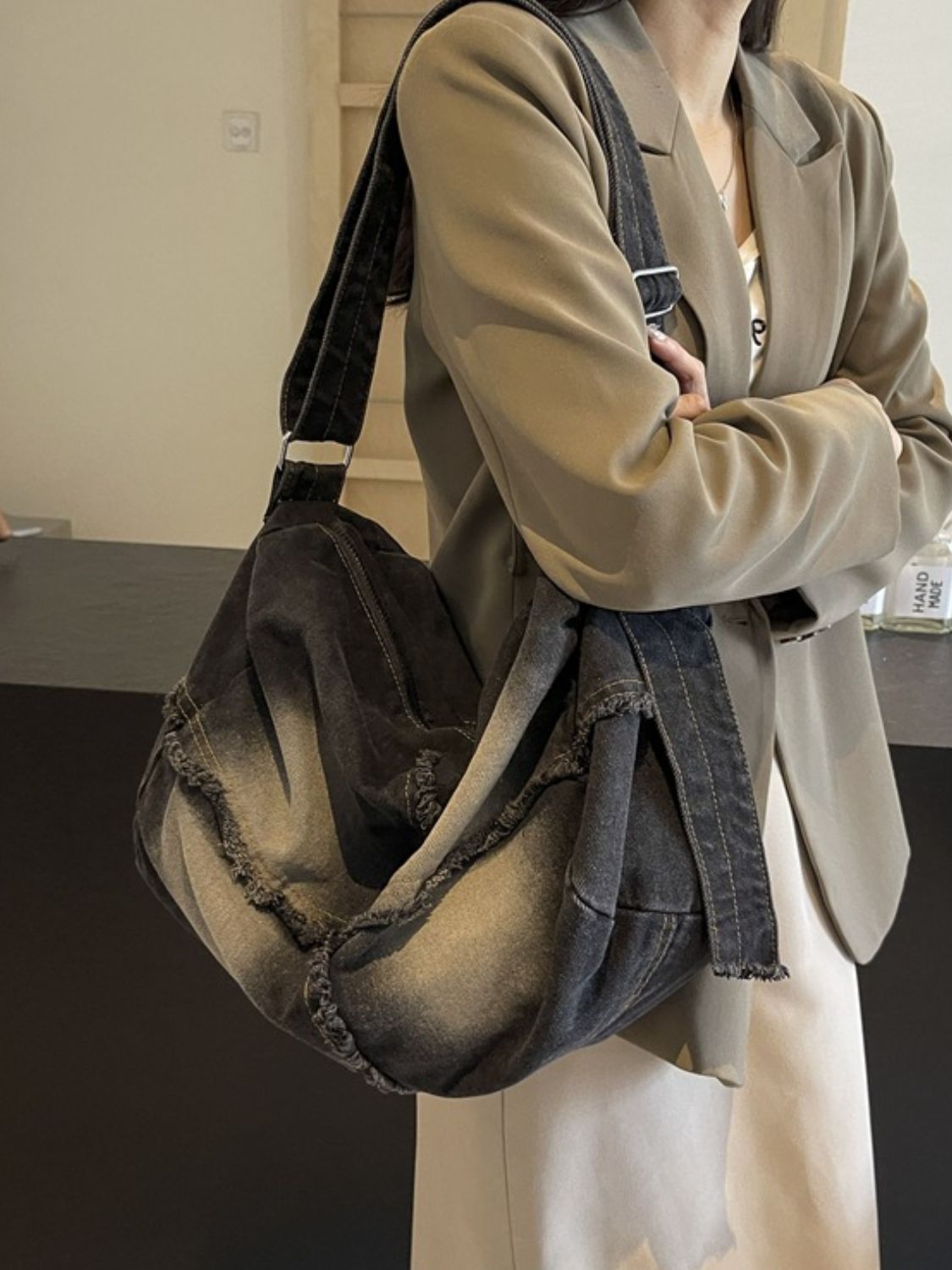 Denim Gradient Crossbody Bag with Raw Hem
