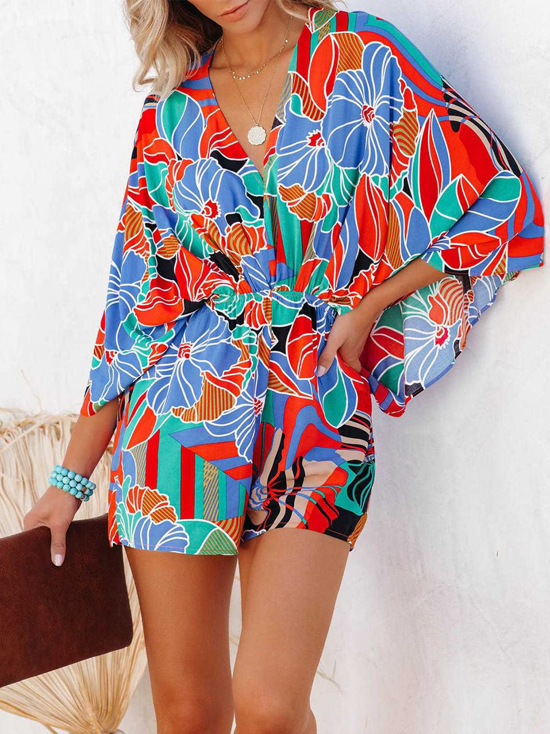 Printed Kimono Sleeve Romper