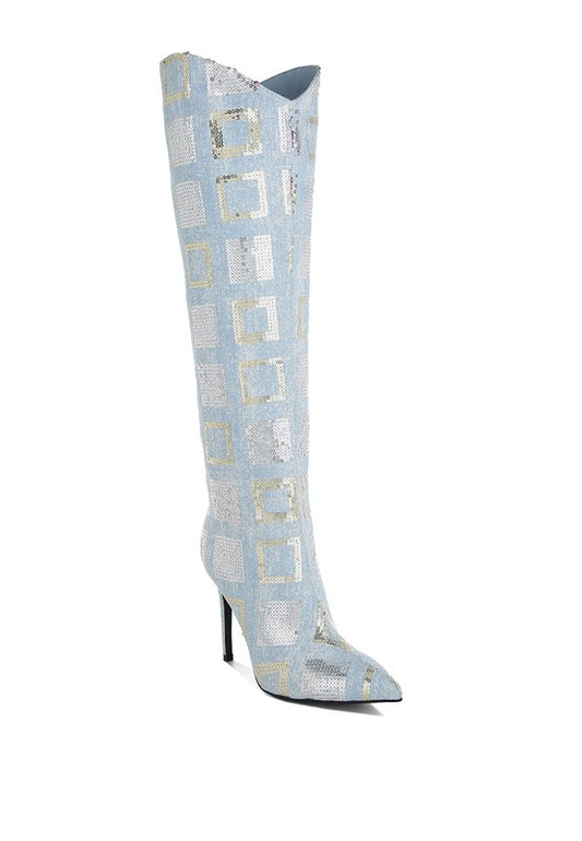 Glamorous Checkered Sequin Knee High Stiletto Boots
