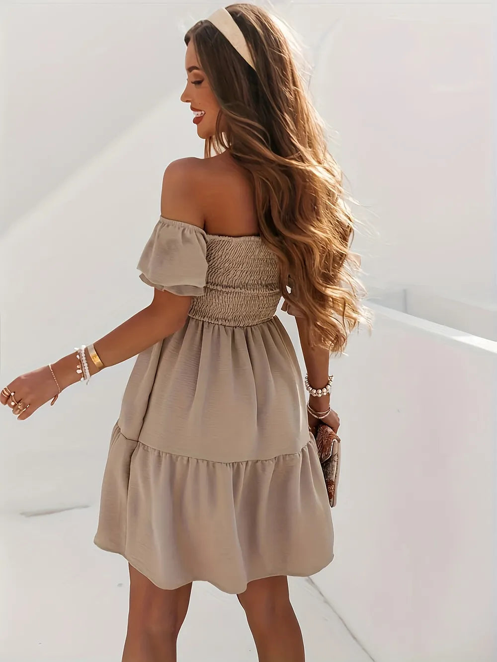 Light beige Ruffled Off-Shoulder Short Sleeve Dress with ruched, sheer accents, slightly stretchy body, ideal for summer style.