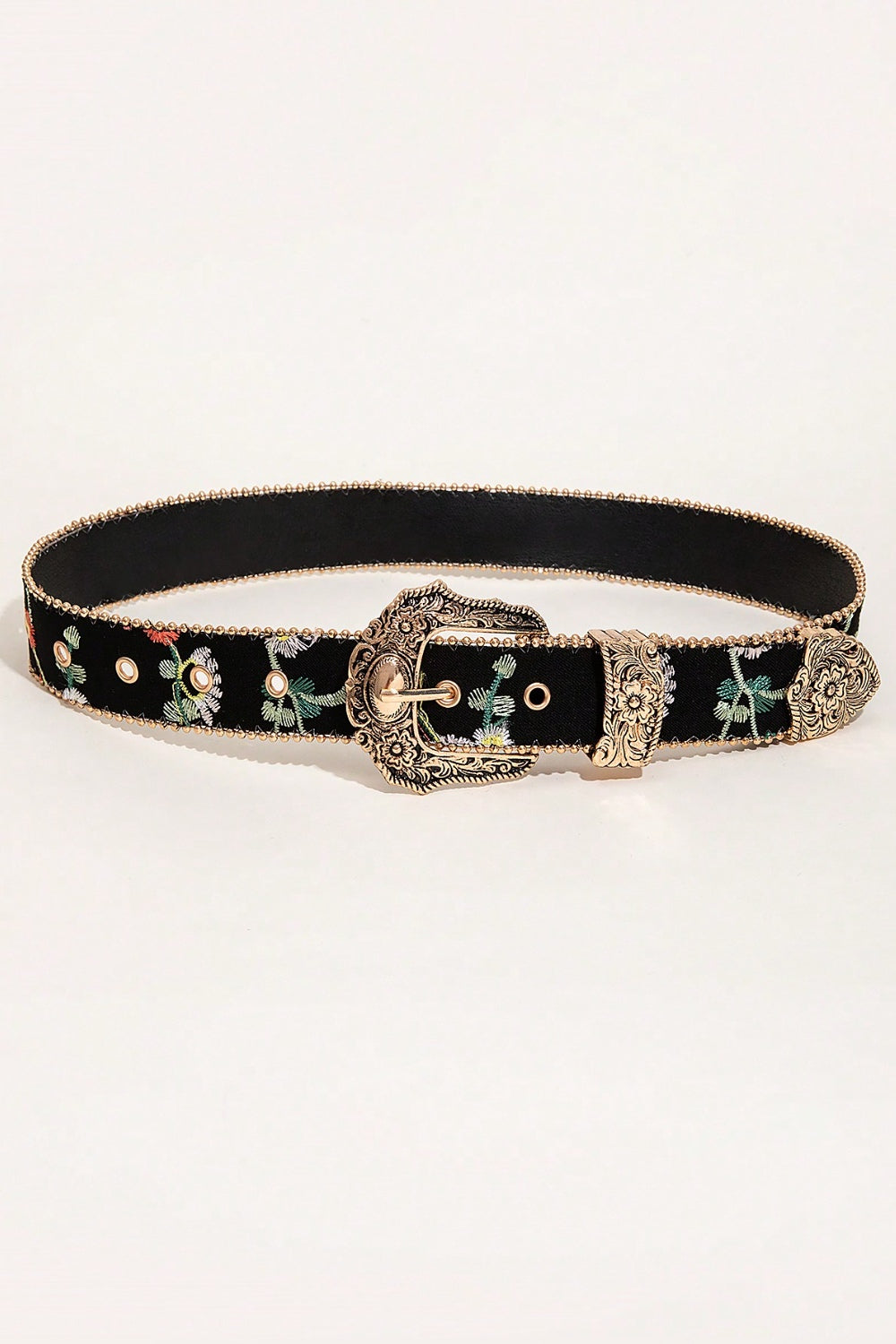 Embroidered Leather Adjustable Buckle Belt