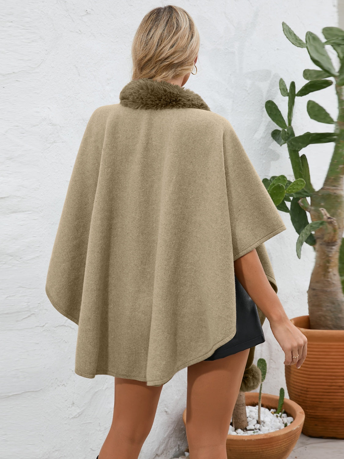 Cozy Fuzzy Trim Open Front Cape