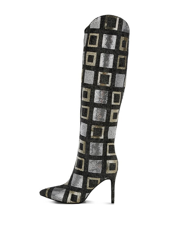 Glamorous Checkered Sequin Knee High Stiletto Boots