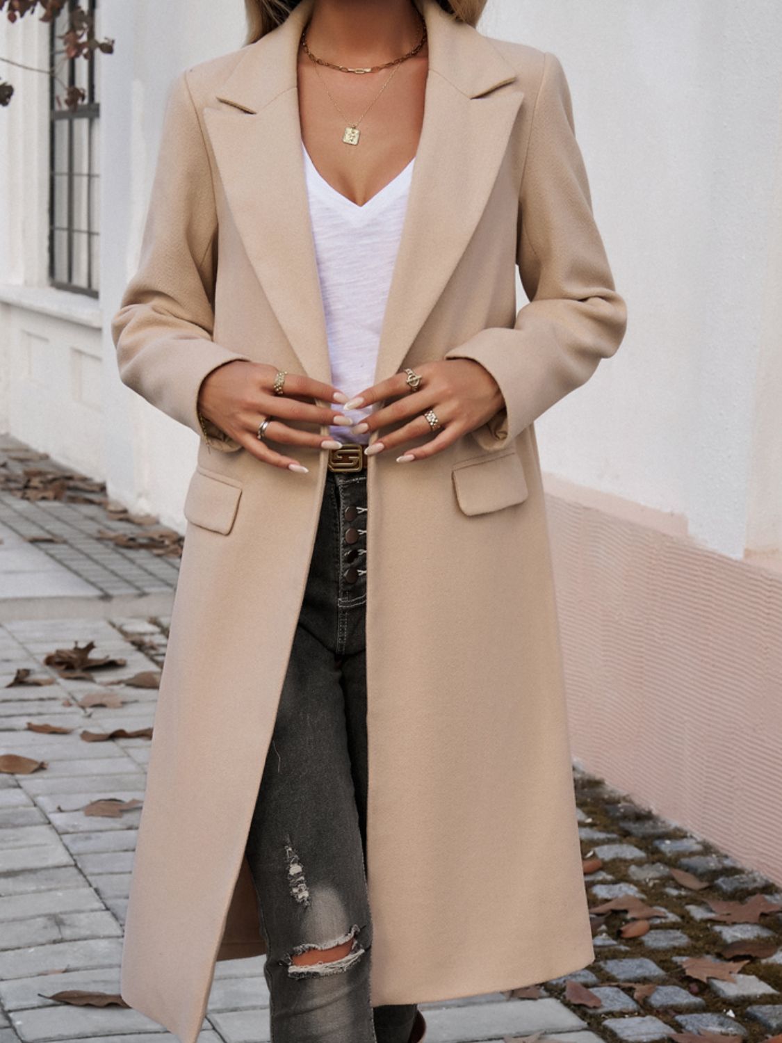 Chic Long Sleeve Collared Coat with Pockets