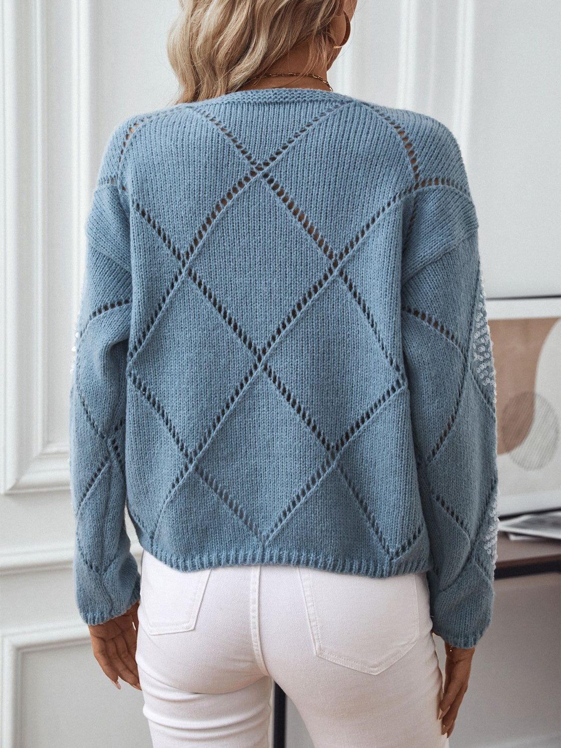 Lace-Inspired Round Neck Long Sleeve Sweater