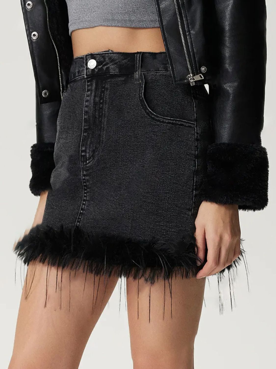 Button-Up Plush Denim Mini Skirt