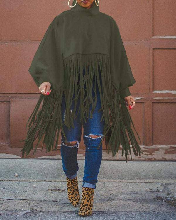 Chic High Neck Blouse with Lantern Sleeves and Tassel Accents