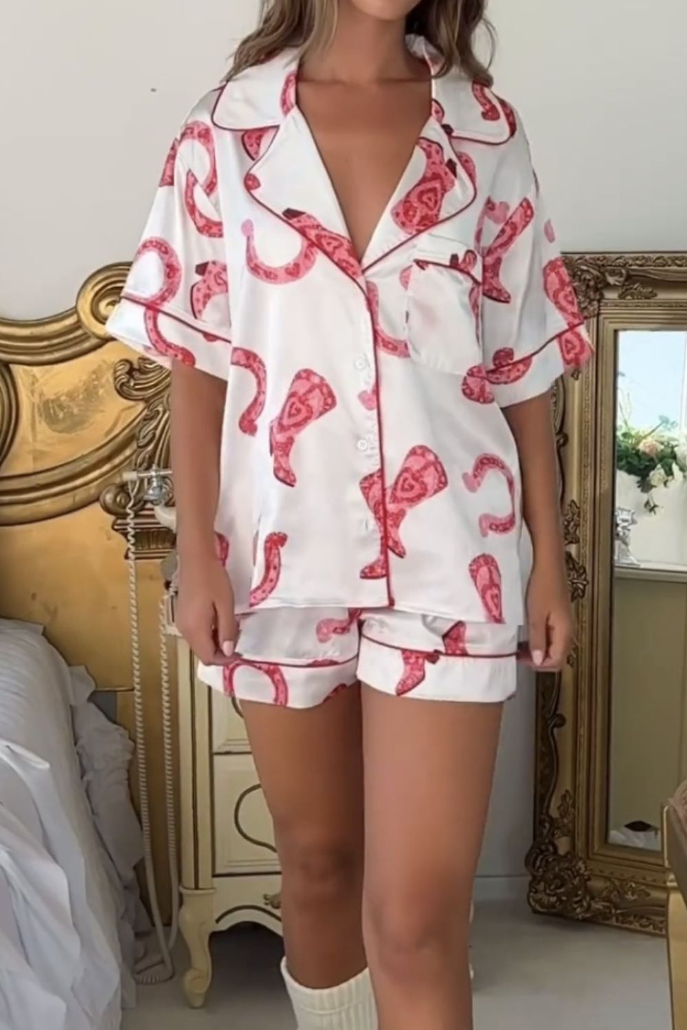 Cozy Printed Lounge Set with Button-Up Top and Shorts