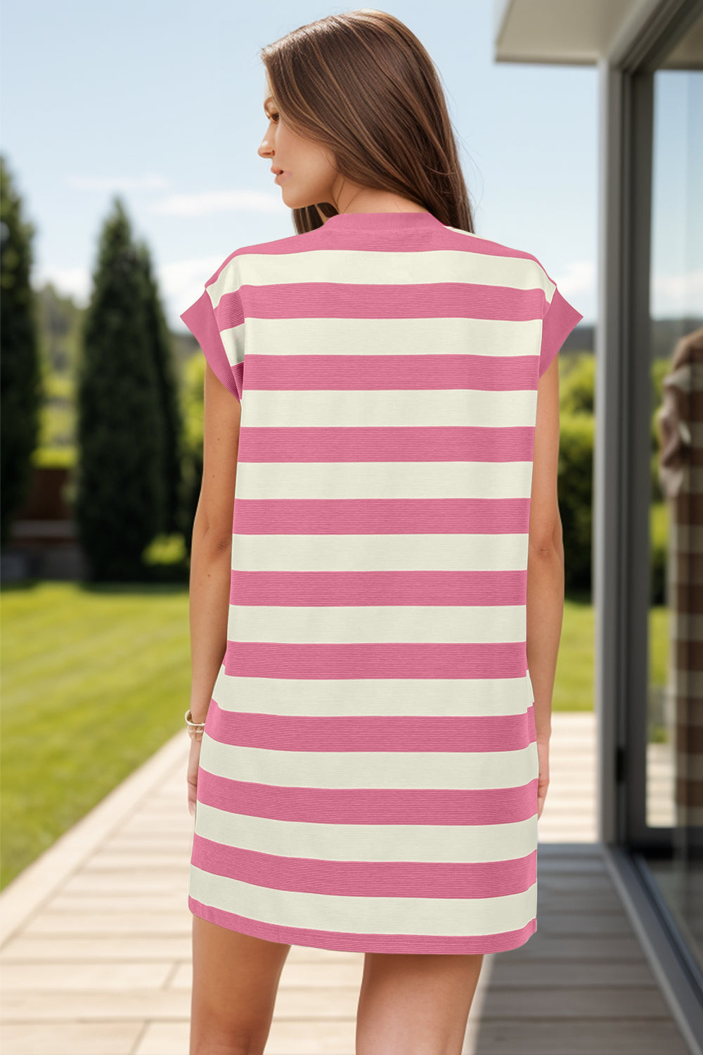 Striped Cap Sleeve Mini Dress with Pockets