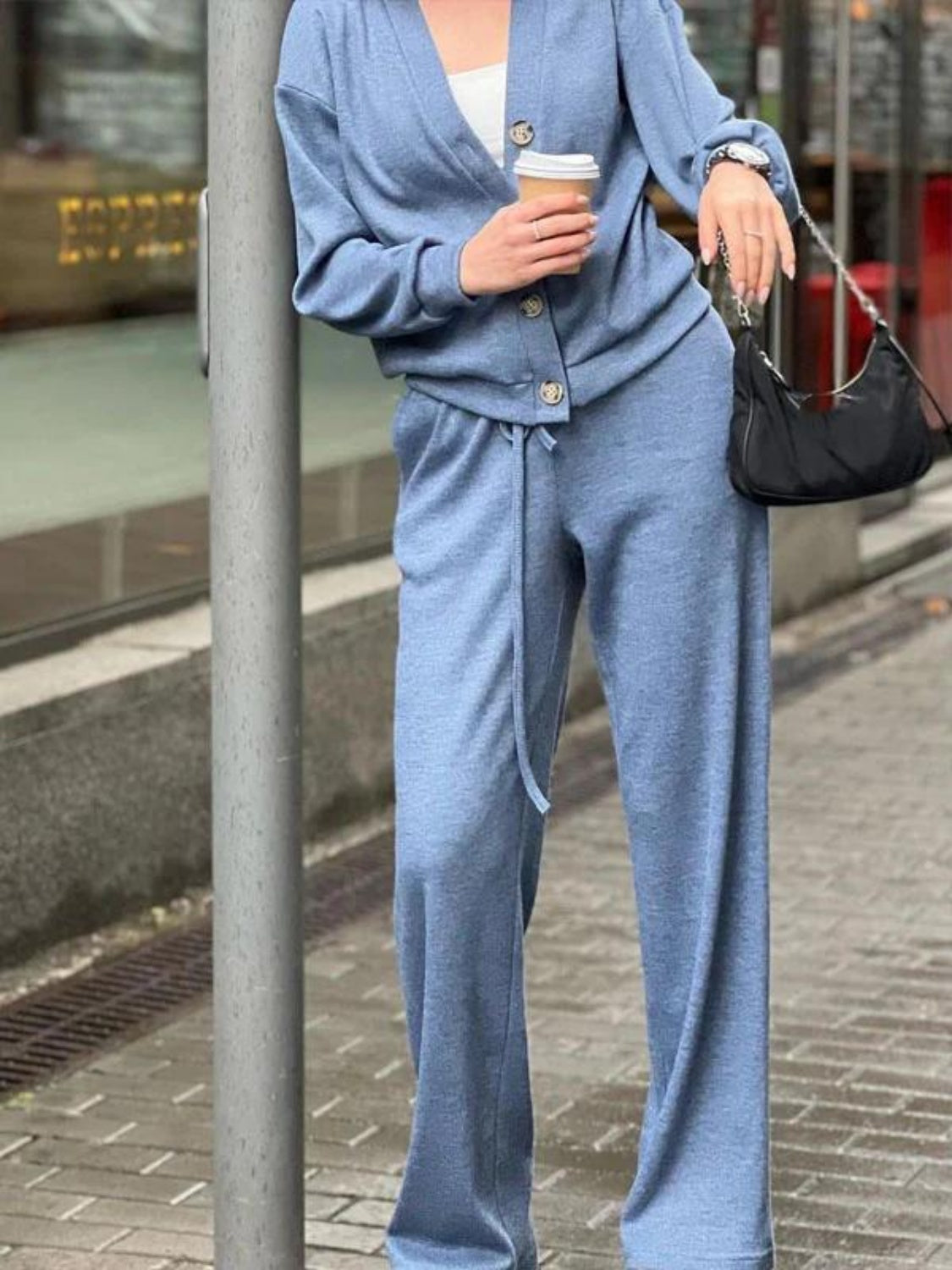 Button-Up Long Sleeve Shirt and Drawstring Pants Ensemble