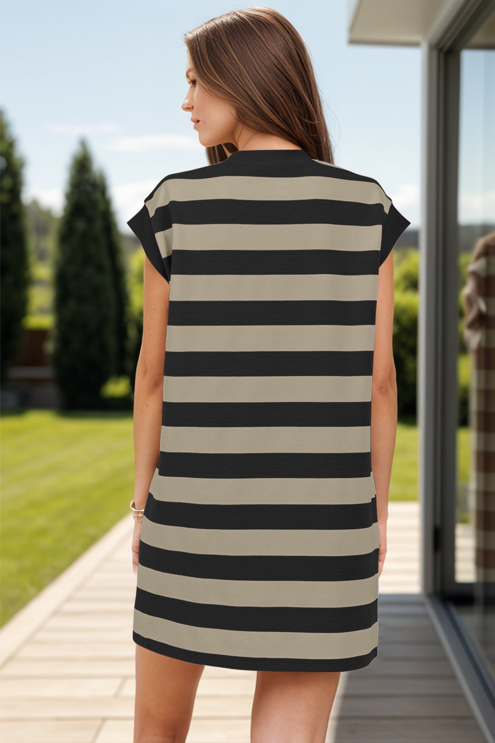 Striped Cap Sleeve Mini Dress with Pockets