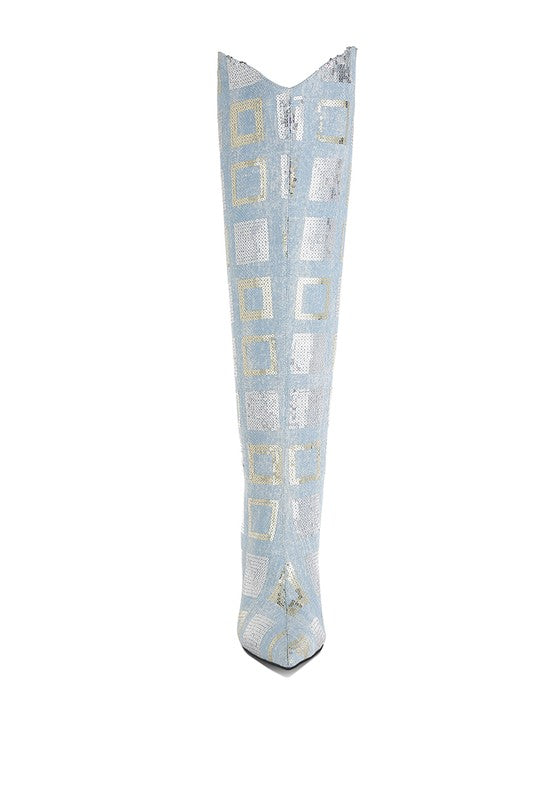 Glamorous Checkered Sequin Knee High Stiletto Boots