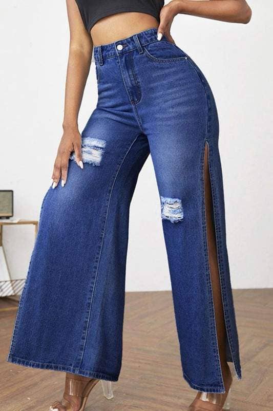 High Rise Distressed Cotton Straight Leg Jeans with Side Splits