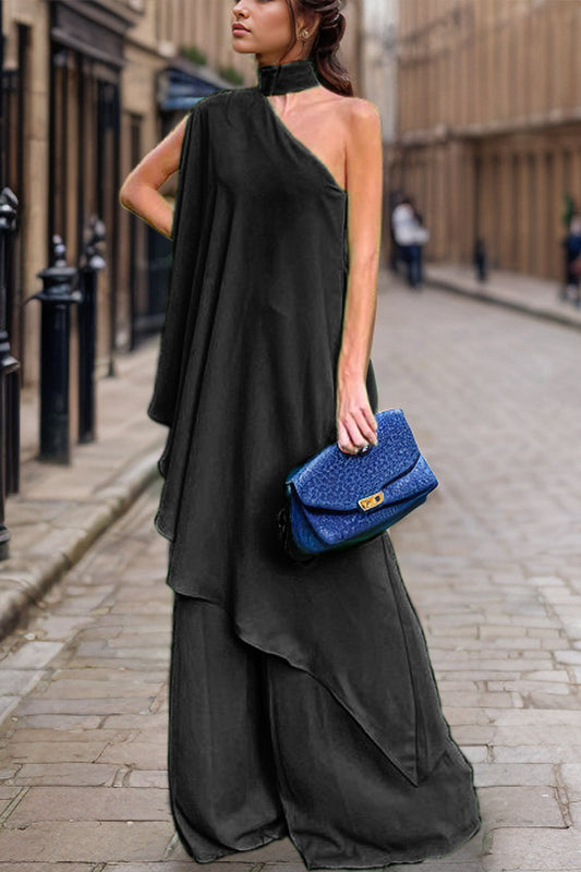 Elegant Single Shoulder Top and Pants Set with Mock Neck