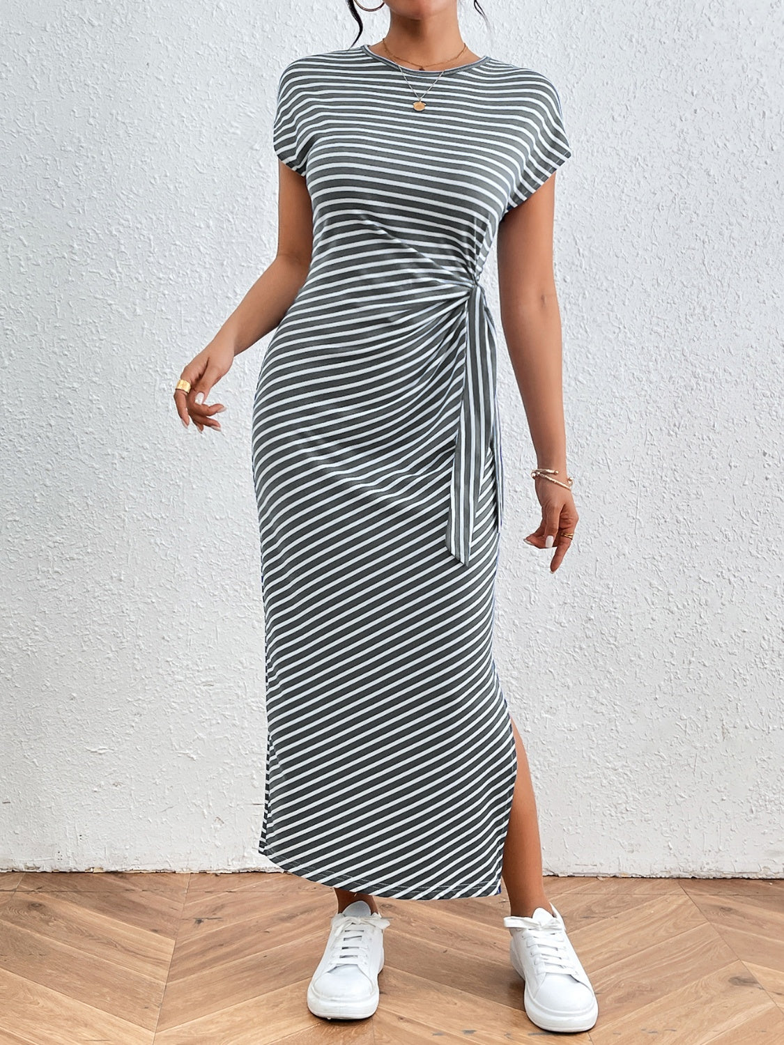 Striped Tie-Front Short Sleeve T-Shirt Dress