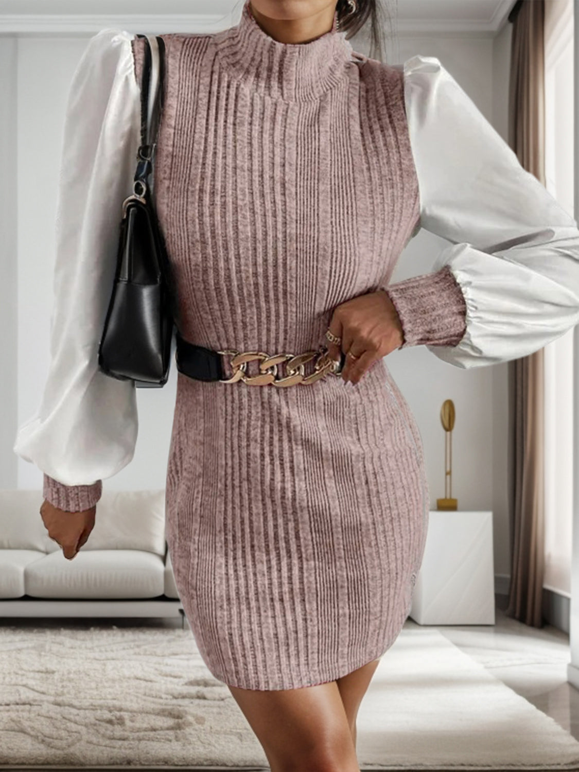 Ribbed Colorblock Long Sleeve Sweater Dress