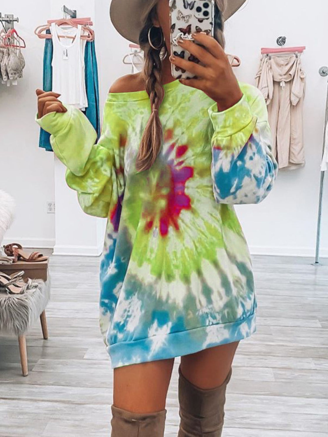 Colorful Tie-Dye Long Sleeve Dress with Round Neck