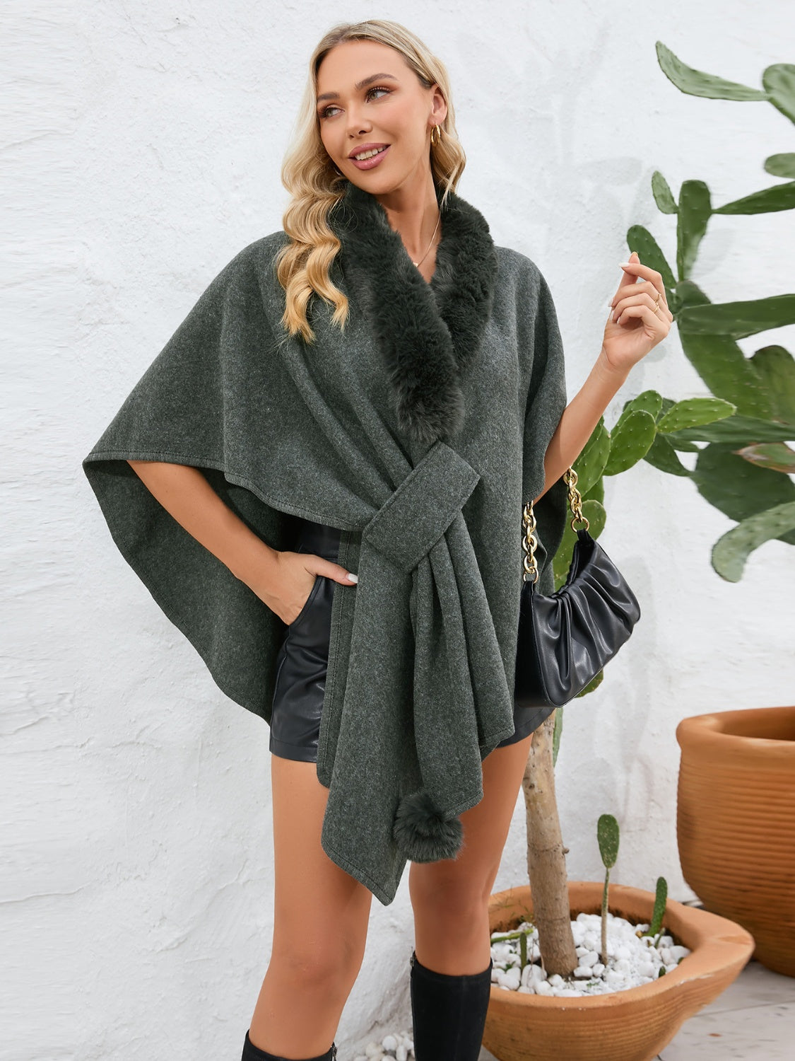 Cozy Fuzzy Trim Open Front Cape