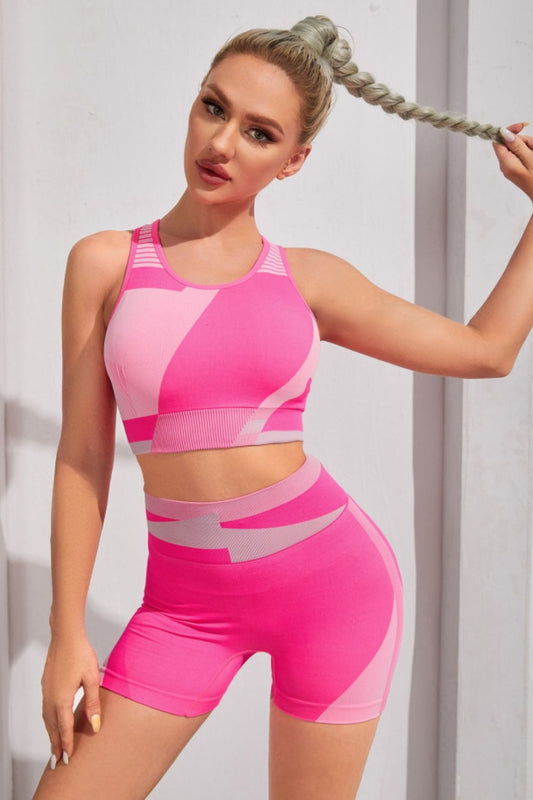 Color Contrast Yoga Set with Sleeveless Sports Bra and Shorts