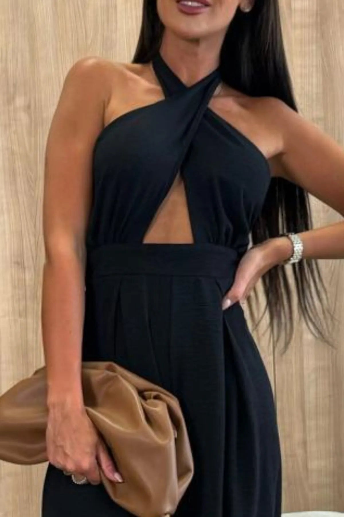 Halter Neck Wide Leg Jumpsuit with Keyhole Detail featuring cutout and backless design, imported polyester by Max Origin.